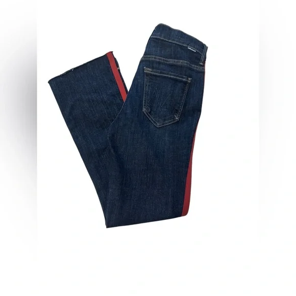 NWT MOTHER Insider Crop Step Fray Dark Blue Cropped‎ Jeans with Red Accents - Picture 6 of 16